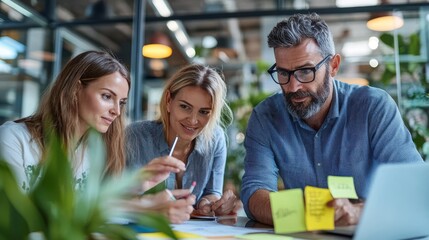 A team of three professionals collaborate on a creative project in a vibrant, plant-filled modern office space, highlighting teamwork, innovation, and collaboration.