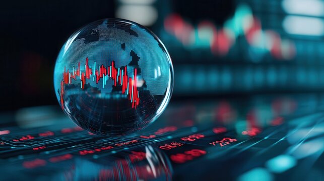A holographic globe with glowing financial forecasts, capital trends rising, predicting future market growth and global investments