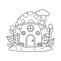 cute mushroom house coloring page for kids, kawaii coloring page, adult coloring book