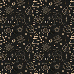 Seamless pattern of golden Christmas symbols on a black background Christmas tree stars fireworks Christmas ball champagne