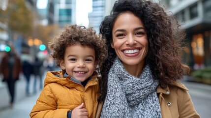 Fototapeta premium A joyful mother and her child smiling and embracing each other while standing on a city street, surrounded by buildings and a bustling urban atmosphere.