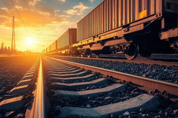 Obraz premium Freight train with cargo containers at sunset