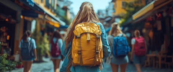 Naklejka premium Backpacker woman walking through European city street