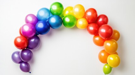 Obraz premium LGBTQ rainbow balloons arranged in an arch, standing against a clean white background with soft lighting. Focus on the balloons. No people.