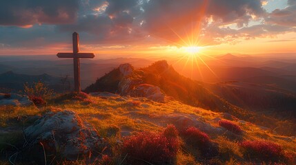 Capturesun a rise behind the cross on the moutains. AI generated