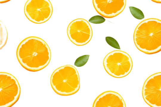 Slices of orange, leaves, and a white background combine to create a lovely repeating pattern. ideal for designing foods and beverages. Generative AI