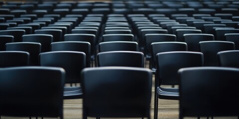 Fototapeta premium A vast arrangement of identical black chairs in a spacious setting, creating a striking visual pattern and depth perception.