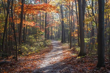 Sun shining on a trail covered with fallen leaves in autumn