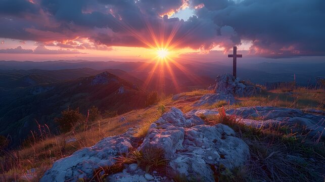 Capturesun a rise behind the cross on the moutains. AI generated