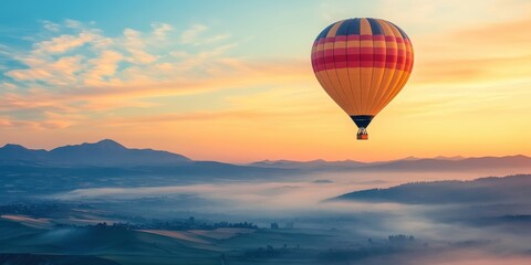 Obraz premium A vibrant hot air balloon ascends in the sky, surrounded by misty mountains and a stunning sunset backdrop.