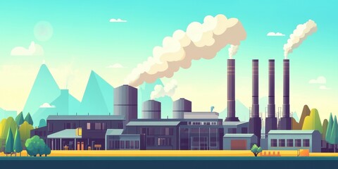 Obraz premium A vibrant illustration of a factory surrounded by mountains and trees, showcasing industrial activity and environmental interaction.