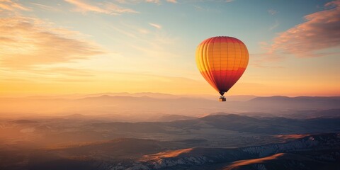 Fototapeta premium A vibrant hot air balloon floats gracefully in the sunset sky, surrounded by serene mountains and lush landscape.