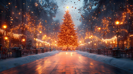 Snowy Street with Christmas Tree and Lights Illustration