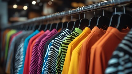 Fototapeta premium Vibrant display of striped shirts hanging on a rack, showcasing a variety of colors and styles, perfect for fashion enthusiasts.