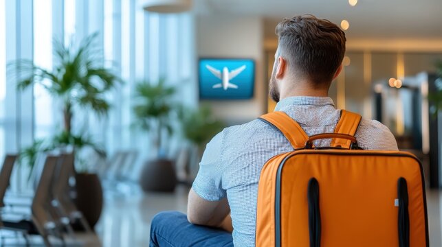 A traveler with a neatly packed orange backpack waits inside an airport terminal, facing away from the camera. The image emphasizes modern travel, patience, and anticipation.
