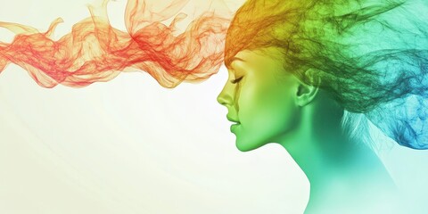 A vibrant portrait of a woman with flowing hair made of colorful smoke, illustrating creativity and emotional expression.