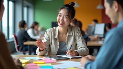 Collaborative Team Engaged in a Creative Brainstorming Session, Using Colorful Notes to Organize Ideas and Strategies, Highlighting the Power of Group Work and Innovative Thinking.