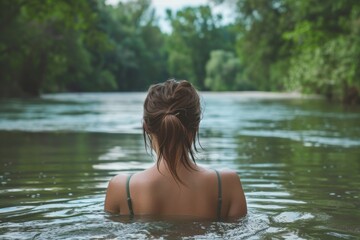 Fototapeta premium Woman swim in lake. Girl swimming in river. Nature summer water and young female. Outdoor vacation travel. Summertime recreational freedom
