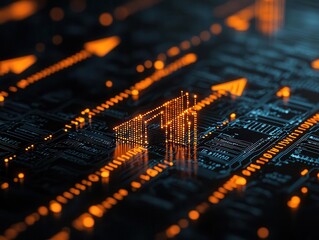 A series of financial arrows pointing upward, surrounded by glowing data streams forecasting capital investments, dynamic and optimistic