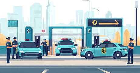  Police Checkpoint with Patrol Cars and Officers at a City Toll Booth