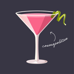 Vector illustration of Cosmopolitan cocktail isolated on black background. Pink fashionable alcohol drink garnished with slice of lime