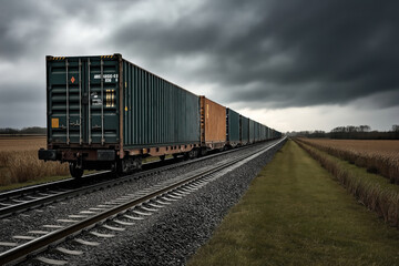 Fototapeta premium A long freight train with multiple green and orange shipping containers traveling on a single train track through a rural area under a cloudy sky.