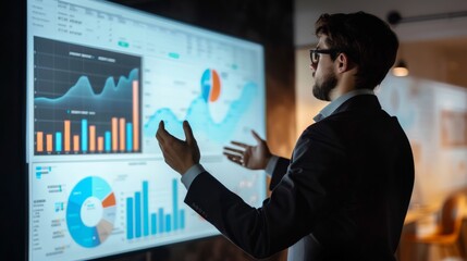 A marketing strategist giving a presentation on market trends and forecasts, with a large screen displaying dynamic data