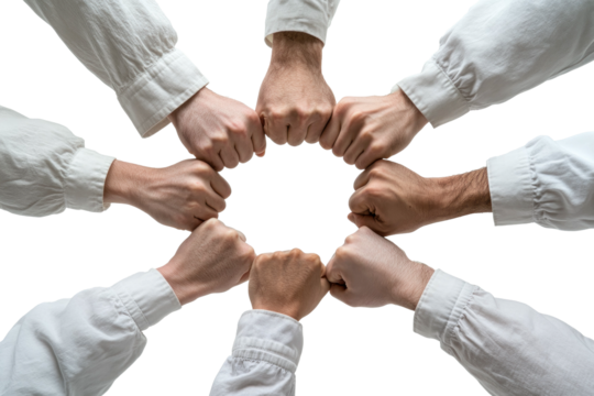 Teamwork And Solidarity, Fists Of Diverse Team Members Forming A Circle Against A Transparent Background PNG - Powered by Adobe