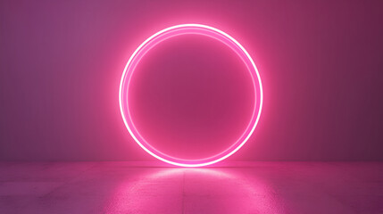 Pink room with bright neon circle framwe. showcase for display products,Abstract Light out technology background Hitech communication concept innovation background 