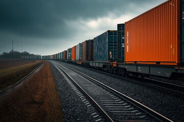 Fototapeta premium Long freight train with colorful shipping containers traveling on railway tracks through a rural area under a cloudy sky.