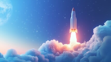 Naklejka premium Rocket launch with a fiery exhaust and smoke on a light blue sky. Abstract background