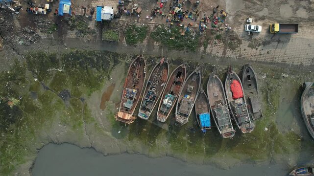 Aerial view of trawlers in front of the fish market, Chittagong, Bangladesh
