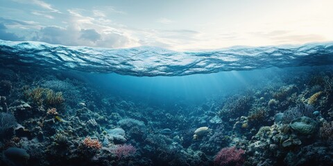 Breathtaking underwater scene showcasing vibrant coral reefs and clear blue waters, perfect for nature and ocean-themed projects.