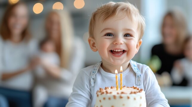 A delighted baby, surrounded by family, laughs with uninhibited joy as they celebrate their birthday with a colorful candle-lit cake on a table, in a festive atmosphere.