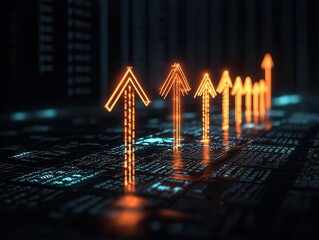 A series of glowing upward arrows projecting from a financial landscape, predicting capital growth and future investments, vibrant and optimistic