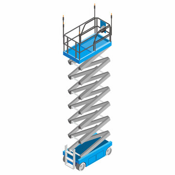 Isometric view of ascended scissor lift illustration. Mobile elevated working platform equipment for construction and industrial work.