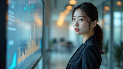 Naklejka premium Businesswoman Analyzing Data on a Large Digital Screen with Graphs, Charts, and Figures, Highlighting Performance Metrics and Financial Analysis in a Corporate Setting.
