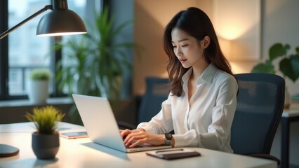 Focused professional woman working on a laptop at a modern office desk with evening lighting and a serene atmosphere.