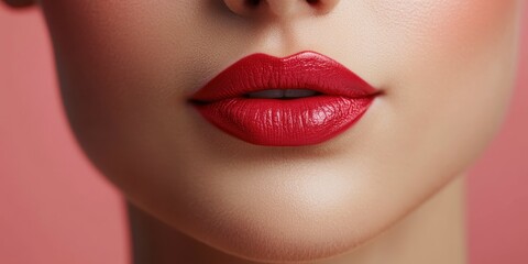 Fototapeta premium Close-up of a woman's lips with vibrant red lipstick against a soft pink background, showcasing beauty and glamour.