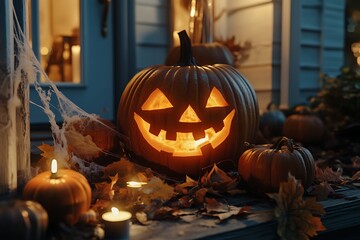 Obraz premium Halloween jack o lantern glowing on a porch at night