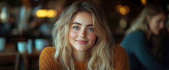 Fototapeta premium Attractive Woman with Long Blonde Hair Smiling in a Cafe
