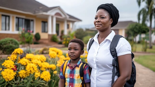 A confident mother and her young son, both carrying backpacks, stand proudly in front of a school building, symbolizing growth, learning, and maternal support.