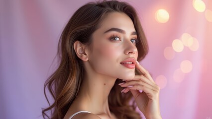 In this captivating portrait, a young asian woman with deep brown eyes expresses a moment of reflection, her flowing dark hair softly illuminated by warm bokeh lights, creating an ethereal atmosphere.