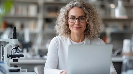 A seasoned female scientist with glasses works on her laptop in a research lab, surrounded by microscopes, embodying wisdom and innovation in scientific research.