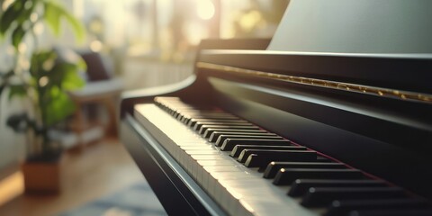 Close-up of piano keys in a sunlit room, showcasing the elegance and beauty of music creation and...