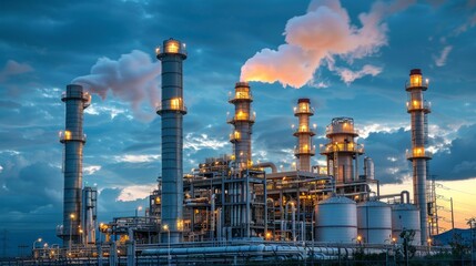 Fototapeta premium An oil refinery lit up at night with yellow lights, white smoke, and dark clouds. Surrounded by a fence, trees, and tall pipes against a dark sky.