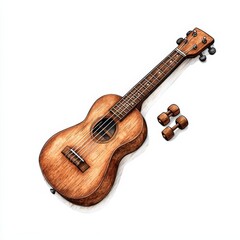 Fototapeta premium A beautifully crafted wooden ukulele paired with small wooden weights, ideal for music and fitness themes.