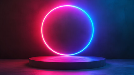 Stage or podium pedestal with blue neon round light product background , stand show cosmetic product ,  white stand podium scene pastel color with neon ring background