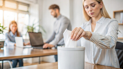 Woman in Casual Clothing Taking Clean Napkins from a Package on a Table in a Busy Office Environment