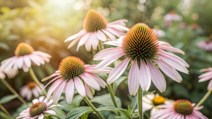 Close-up of echinacea flowers blooming in sunlight with natural background
